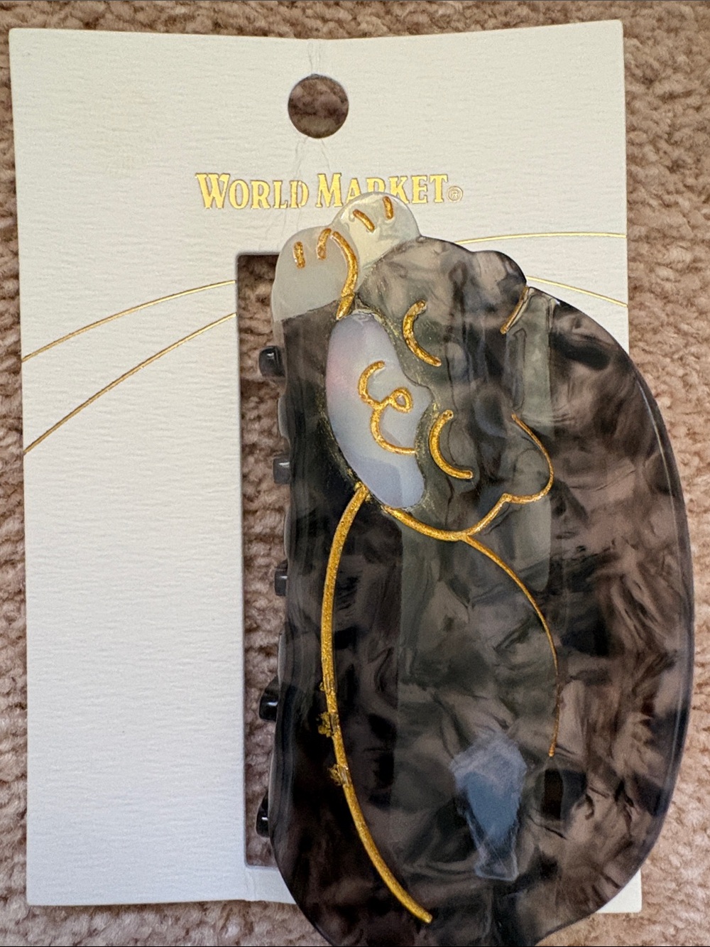Cost Plus World Market Gray Marble Hair Claw with Gold Floral Accent